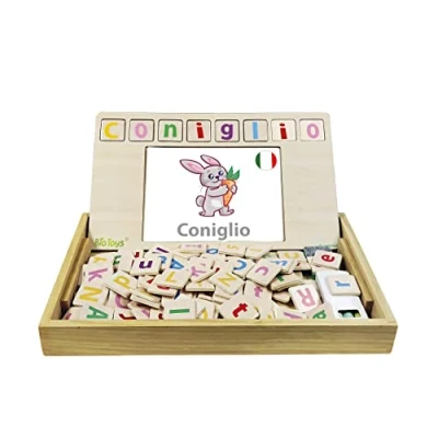 Image of Lexibook, Bio Toys, word School, bilingual Italian/English, wooden game, 50 cards, alphabet, educational EDU100i5