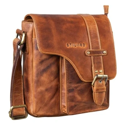 Image of STILORD &#039;Nino&#039; Shoulder Bag Leather Man Vintage Men Bevelled Flap Men&#039;s Genuine Leather, Colour:Kara Cognac
