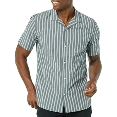 Image of Amazon Essentials Men&#039;s Slim fit Vacation Shirt, Navy Stripes, XS