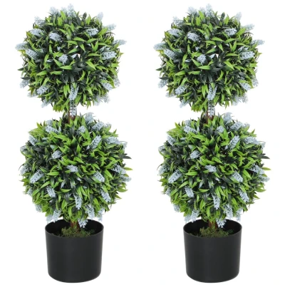 Image of HOMCOM Set of 2 Decorative Artificial Plants Ball Trees with Lavender Flowers in Pot Fake for Home Indoor Outdoor Decor, 70cm, Blue