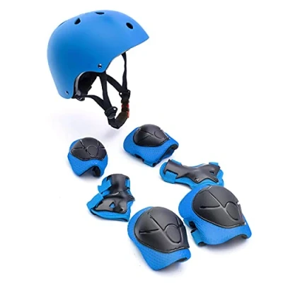 Image of ABS Protective 7 Piece Set Knee Elbow Wrist Pads With Helmet Scooter Blue