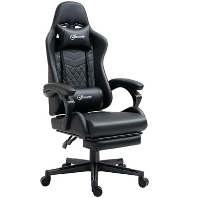 Image of Vinsetto Computer Gaming Chair PU Leather Racing 130 Reclining Desk with Lumbar Support and Adjustable Height, Swivel Rolling Wheels Footrest for Home, Black