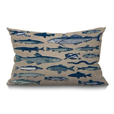Image of BGBDEIA Fish Cushion Cover 12x20 Inch Vintage Ocean Sea Animals EEL Seafood Theme Rectangle Pillow Cases Home Decorative Cotton Linen Throw for Bed Sofa 30 x 50 cm