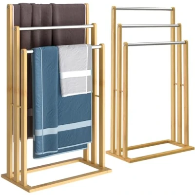 Image of CASARIA® Set of 2 Three Tier Freestanding Wooden Towel Holders 3 Bamboo Stand Rack for Toilet &amp; Bathroom with Rails 46 x 24 84cm