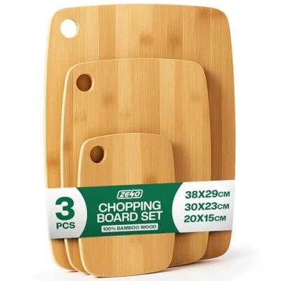 Image of ZENO Wooden Chopping Boards 3 Piece Set Board Cutting Bamboo in Sizes Wood for Veggies, Meat, Cheese