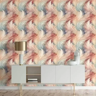 Image of SOPHIE LAURENCE Plumes Feather Wallpaper Multoicolour Metallic Shimmer, Elegant Feature Wall 0.53m x Sample