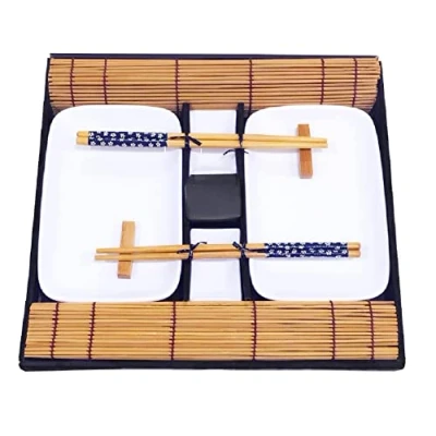 Image of EXZACT Sushi Plate Set 10pcs 2 x Plates, Dip Bowls, Bamboo Placemats, Chopsticks Rests, Pairs of Highquality Porcelain Gift Box