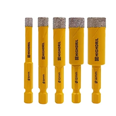 Image of HIGHDRIL Dry Diamond Drill Bits,5pcs 6mm/8mm/10mm/12mm/14mm with Hex Shank for Granite Marble Porcelain Tile Ceramic