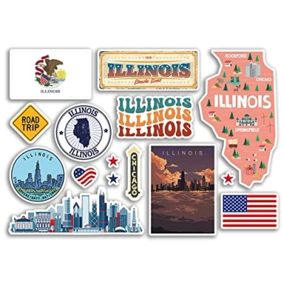 Image of A5 Sticker Sheet Illinois Landmarks Vinyl Stickers America States USA American Airport Stamps Skyline Flag Map Travel Holiday Scrapbooking City Luggage #79177