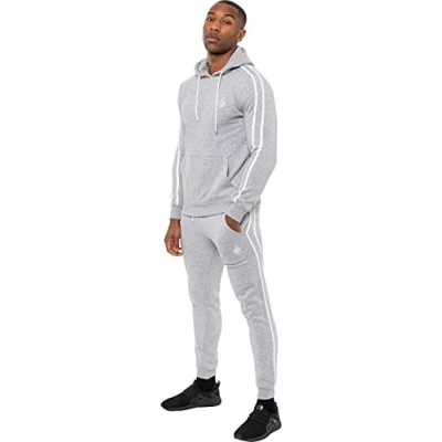 Image of Enzo Mens Full Tracksuit Set Striped Pullover Hoodie Casual Hoody Top Fleece Joggers Gym Jogging Bottoms (Grey, L, l)