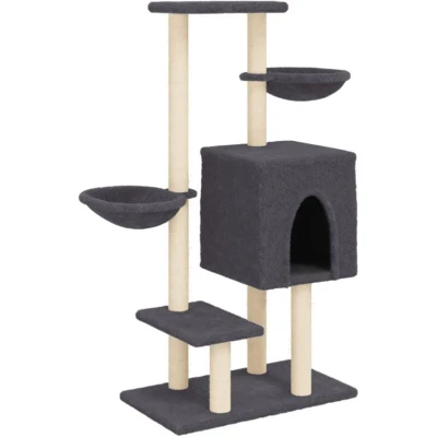 Image of vidaXL Cat Tree Tower with Sisal Scratching Posts Dark Grey, Multi Level Climber, Relaxing Baskets and Cozy House, Sturdy Plush Kitty Play Structure for Bedroom/Living Room