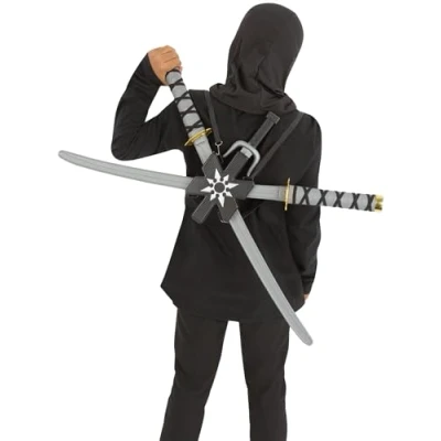 Image of Smiffys Ninja Assassin Back Pack with 2 Swords 72cm, Daggers &amp; Star, Boys Fancy Dress, Child Dress Up Accessories