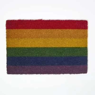 Image of HOMESCAPES Rainbow Pride Flag Coir Doormat, 40 x 60cm, Multi colour LGBTQ+ Door Mat with Rubber Backing, Non Slip Welcome Entrance for Indoor/Outdoor Use