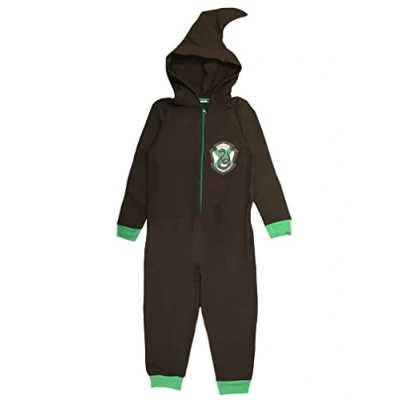 Image of Harry Potter Slytherin Boys or Girls Kids Fleece Hooded Onesie, Sleepsuit, All in One, Pyjamas, Brown, Age 9 10 Years