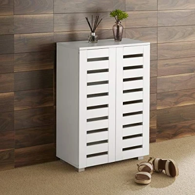 Image of Home Source 2 Door Wooden Shoe Storage Cabinet Rack Stand Slatted Cupboard, White