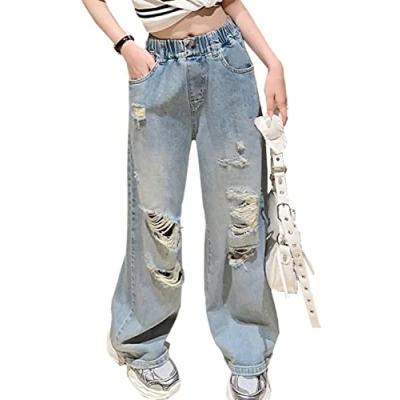 Image of Hangzhikids Girls&#039; Casual Elastic Waist Wide Leg Jeans Cool Ripped Age 5 14 Years(Style1,11 12 Years)
