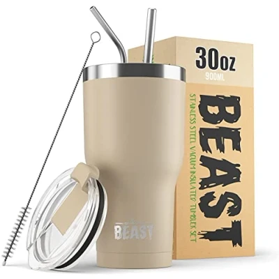 Image of Beast Tumbler 900 ml (30 oz), Beige Sand Reusable Stainless Steel, Vacuum Insulated Cup with + 2 Straws &amp; Cleaning Brush Double Wall Travel Flask Perfect for Hot or Iced Coffee BPA Free