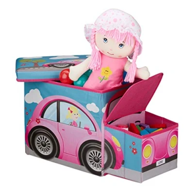 Image of Relaxdays Children’s Storage Ottoman, Lidded Toy Box, Folding, Boys &amp; Girls, Car Design, 50 Litres, Pink