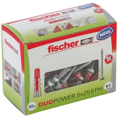 Image of fischer DuoPower 5 x 25 S PH, powerful universal plug with panhead screw, intelligent 2 component technology for fastenings in concrete, bricks, stone, gypsum plasterboard, etc., 50 plugs &amp; screws