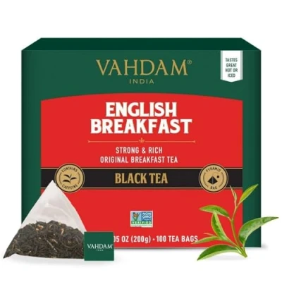 Image of VAHDAM, English Breakfast Black Tea Bags (100 Count) High Caffeine Strong, Robust &amp; Flavoury Pyramid Full Bodied Leaves