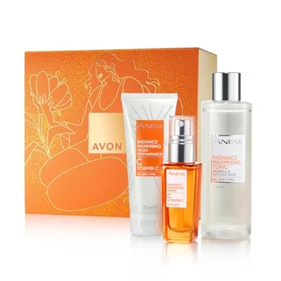 Image of Avon Anew Skin Saviours Vitamin C Three Piece Gift Set with Radiance Maximising Serum 30ml, Tonic 200ml and Microdermabrasion Face Polish 75ml in a Box