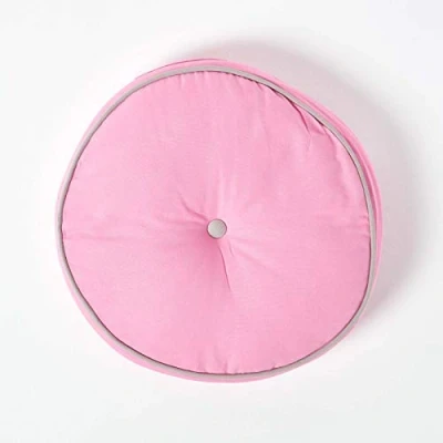 Image of HOMESCAPES Pink and Grey Round Floor Cushion Large Decorative Circular Children’s &amp; Garden Seat Pad, Pre Filled 100% Cotton Indoor Outdoor Cushion, 43cm