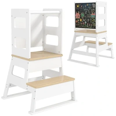 Image of AIYAPLAY Toddler Tower, 2 in 1 Step Stool with Chalkboard, Safety Rail, Kids Standing Tower for Kitchen, Counter, Bathroom, Sink, White