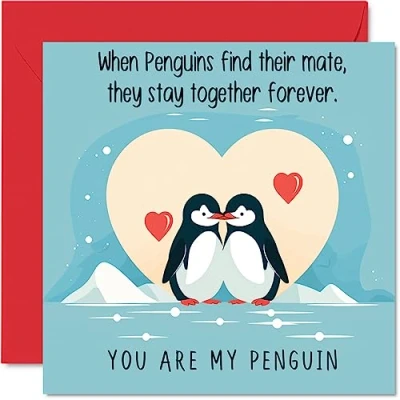 Image of Penguin Valentines Anniversary Card Penguins In Love Cute Romantic for Girlfriend Boyfriend Wife Husband Partner Friend Him Her, 145mm x Greeting Cards