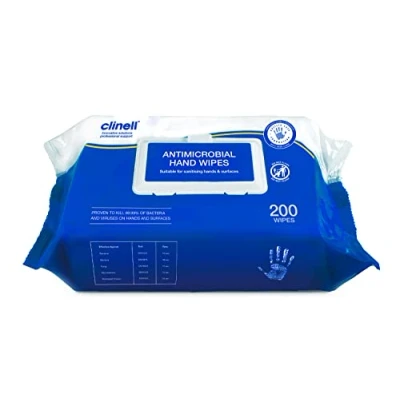 Image of Clinell Antimicrobial Hand Wipes Pack of 1 200 Antibacterial, Suitable for Hands and Surfaces Dermatologically Tested, Kills 99.99% Germs