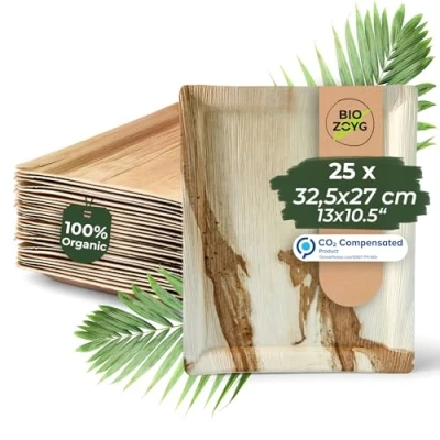 Image of BIOZOYG 25x Disposable Serving Plate Made from Palm Leaf 32.5 x 27 cm Rectangular Tray, Platter Compostable Party Tableware