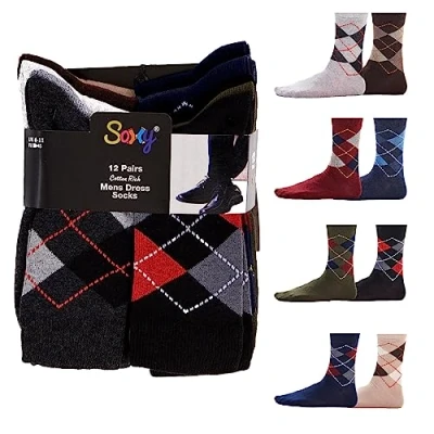 Image of Mens Black Colour Heel and Toe Socks 12 Pack Comfortable, Everyday, Cotton Rich Breathable UK Shoe Size 6 11 (Dark Argyle)
