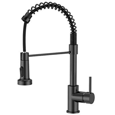 Image of FORIOUS Kitchen Tap, Spring Sink Mixer Tap with Pull Down Sprayer, Bar Commercial Faucet Single Handle Lever, High Arc Swivel 360 2 Spray Mode UK Standard Fittings, Black
