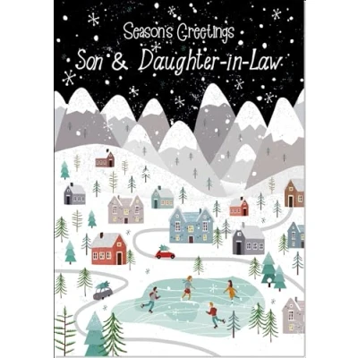 Image of doodlecards Son and Daughter In Law Christmas Card Mountain Scene Snowy Village Medium Size with Plain Envelope