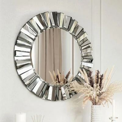 Image of FABS Knightsbridge Luxury Large Round Wall Mirror Bevelled Decorative 3D Mirrored Glass Effect Design for Bedroom Living Room Hallway Bathroom Modern Home Decor 80cm Mounted Vanity (Grey Silver)