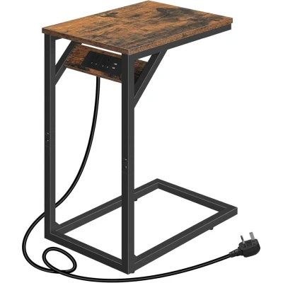 Image of HOOBRO C Shaped Side Table, Sofa Table with Charging Station, Laptop for Sofa, 2 USB Ports AC Outlets, Narrow Bedside Power, Living Room, Bedroom, Rustic Brown and Black EBF07KSF01