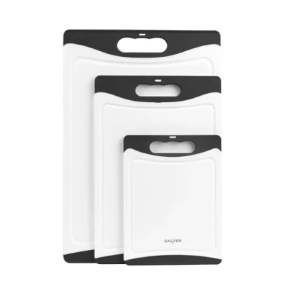 Image of Salter 3 Piece Plastic Chopping Board Set of Double Sided Cutting Boards, Non Slip, Easy to Clean, Dishwasher Safe, Food Preparation, Small, Medium, &amp; Large, Meat Vegetables, Black/White