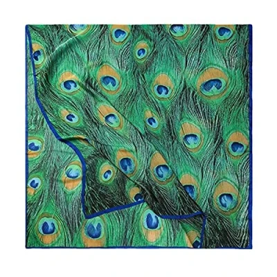 Image of Women Silk Scarf Long Large Peacock Feather Print Wrap Shawl Scarves Headscarf, Green, One Size