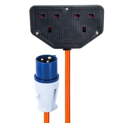 Image of Status 16A Site Plug to 2 Way UK Socket, 20cm Adapter Cable Perfect for Camping Caravan, Motorhome, Campervan, IP44, Weatherproof, 16APTUK2SCK1PK10