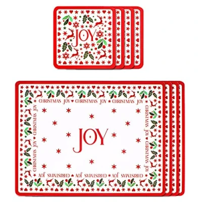Image of Harvey &amp; Mason Christmas Coasters And Placemats Set Festive White Red Design Of 4