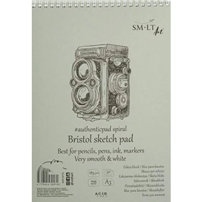 Image of SMLT 3EB 50TS Authentic Line A3 Sketchpad, Extra White and Smooth Bristol Paper, 185 gsm, 50 Sheets, with Perforation, Recycled Cover Double Spiral