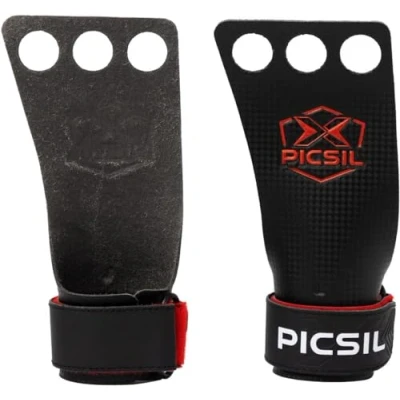 Image of PICSIL RX Grips, Synthetic Workout Durable and Ultra Resistant Carbon Fiber Hand Grips for Weightlifting &amp; Gymnastics, Blocks Tears Blisters, Made Men Women, Red 3H L