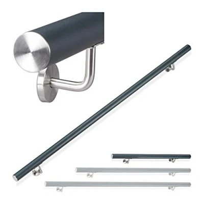 Image of Relaxdays Aluminium Handrail, Round, In &amp; Outdoor Use, Matt, Bannister, 100 cm, Ø 42mm, With Brackets, Anthracite, aluminum, stainless steel, 12 x 8 cm
