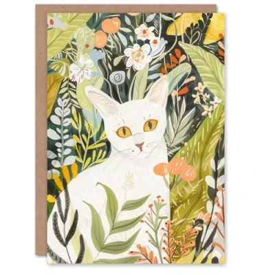 Image of Artery8 Greeting Card White Cat Lover Pet in Summer Flower Garden Blank For Him Or Her Art Birthday