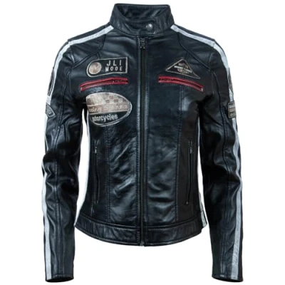 Image of Aviatrix Women&#039;s Super Soft Real Leather Band Collar Patch Fashion Biker Jacket (QOOC) 2XL