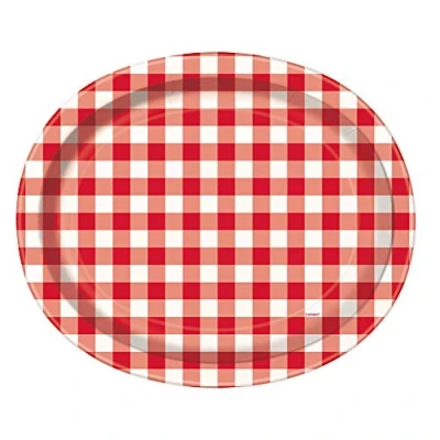 Image of Red Gingham Paper Oval Plates (31cm x 25cm) Charming &amp; Stylish Party Essentials Perfect for Picnics, BBQs, Events 8ct