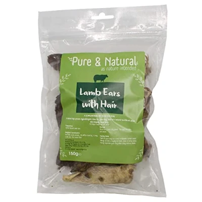 Image of Pure &amp; Natural Lamb Ears with Hair Dog Chew Natural, High Protein, Low Fat, Hypoallergenic, Promotes Dental Health, Ideal for All Ages 150g Bag