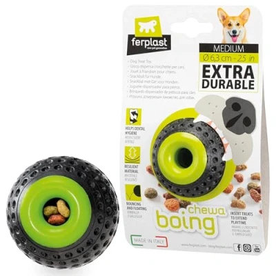 Image of Ferplast Dog Toy, Treat Dispenser, Made of Durable, Non Toxic Material, Bite Resistant, Dental Hygiene, Bouncing and Floating, CHEWA BOING Medium Size Toy Ball, Black