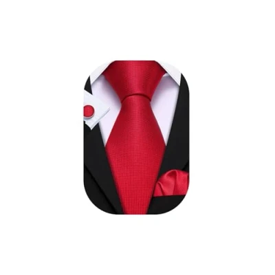 Image of Barry.Wang Red Ties for Men Solid Wedding Business Necktie Handkerchief Cufflink