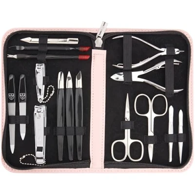 Image of 3 Swords Germany brand quality 16 piece manicure pedicure grooming kit set in light pink fashion leather case gift box Made by