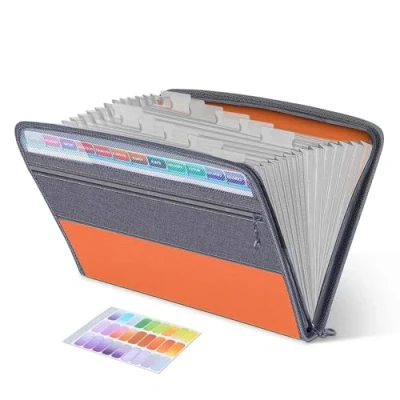 Image of EExpanding File Folder,Fun Storage Document Organiser Box Files,13 Pockets Zip Filing Folders,5 Colours,Accordian Folder with Tabs,Expandable Documents Wallet Accordion Organisers, Orange